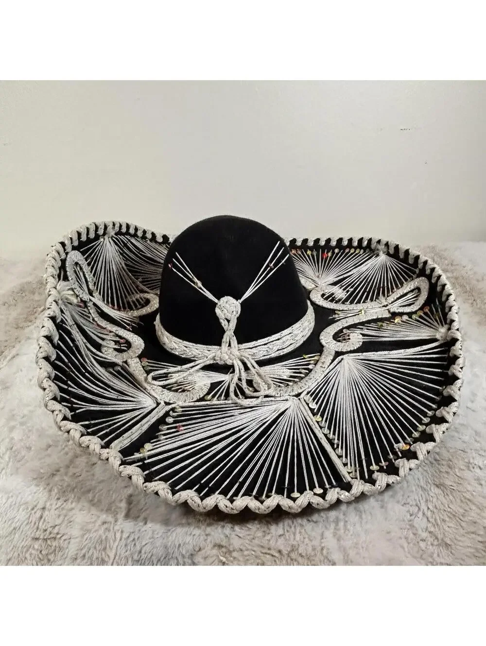 Vintage Mexican Charro Sombrero Hat Black Sequin String Art Made in Mexico